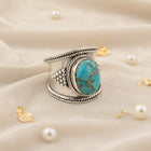 Bohemian Retro Style Wide Turquoise Silver Plated Ring