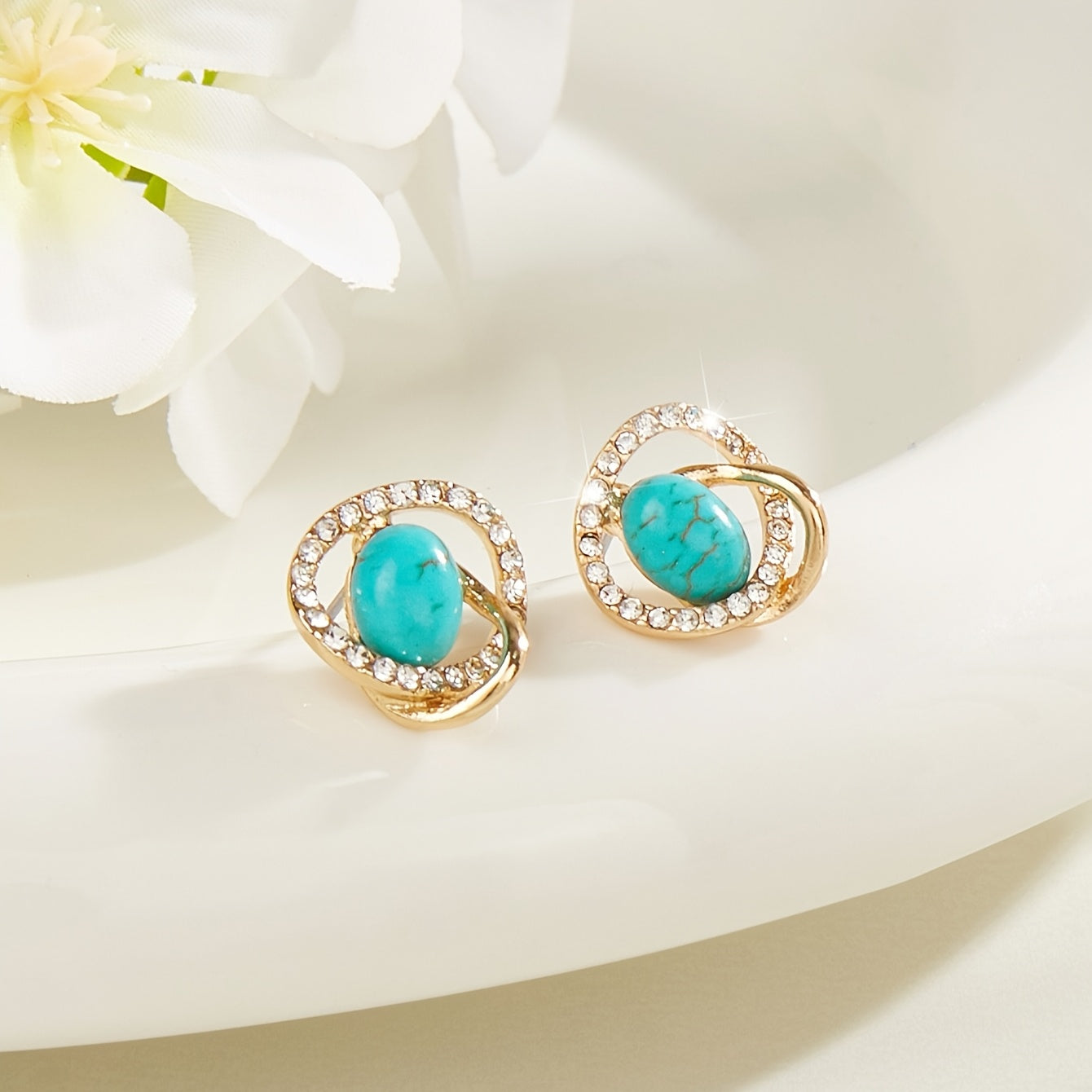 Vintage Bohemian Twist Turquoise & Rhinestone Stud Earrings