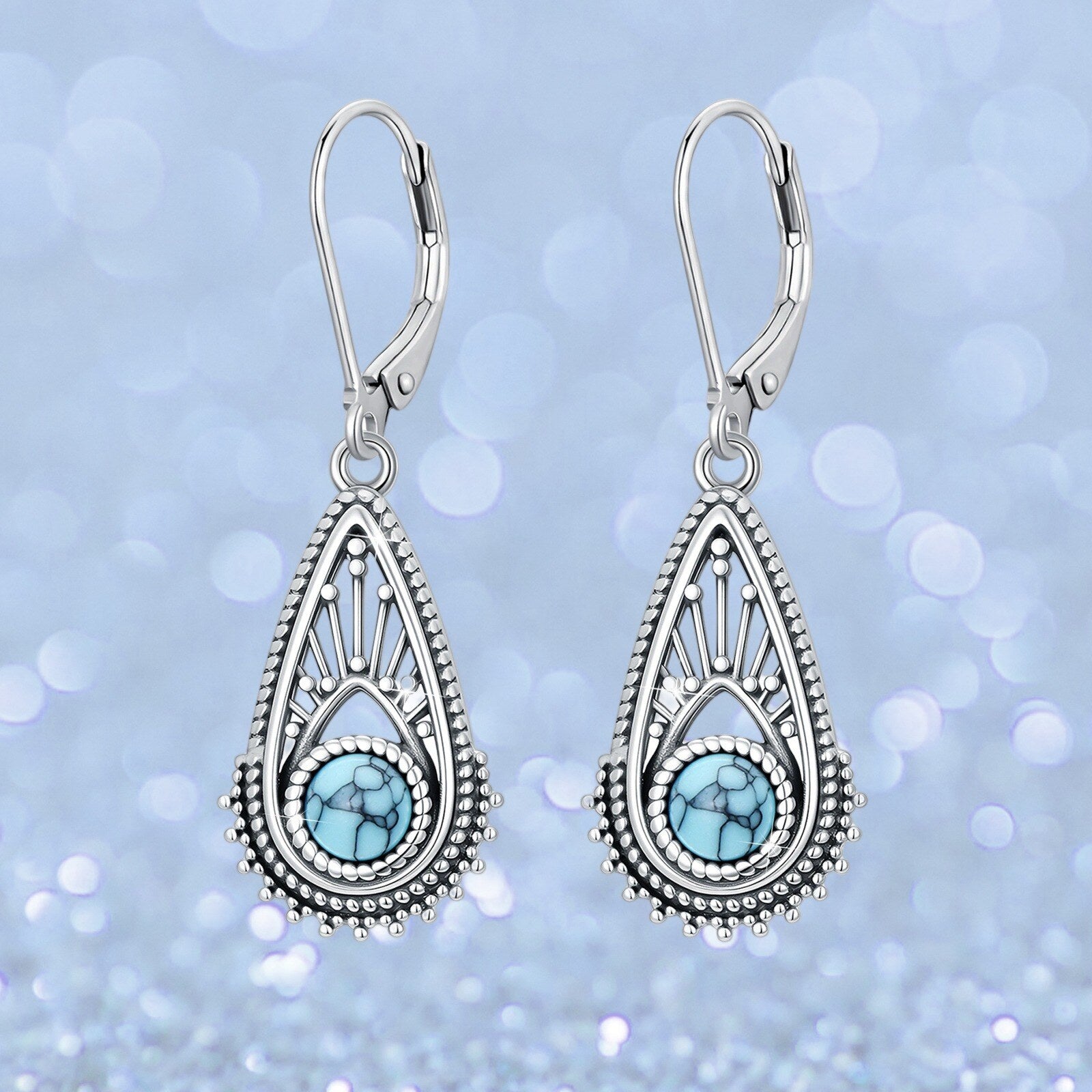 Bohemian Silver Plated Filigree Teardrop Turquoise Dangle Earrings