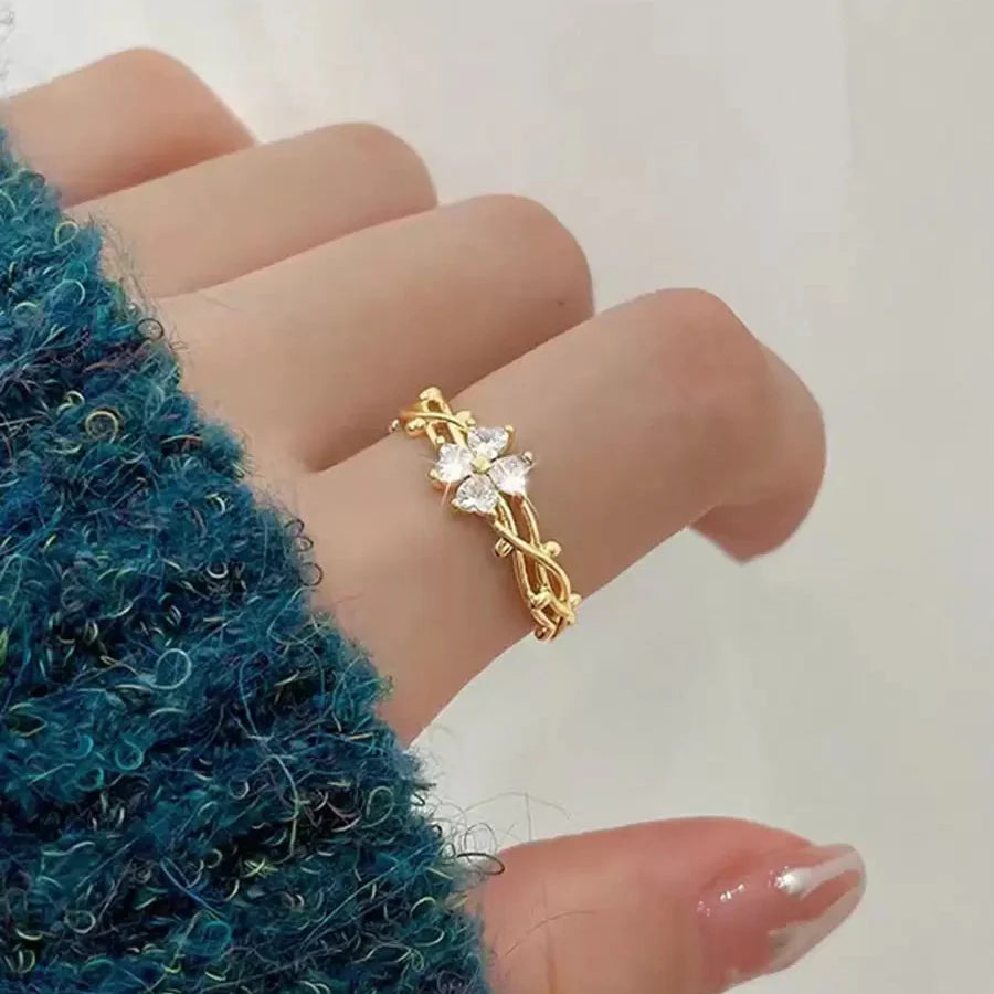 Elegant Purple Four Leaf Clover Zirconia Open Ring