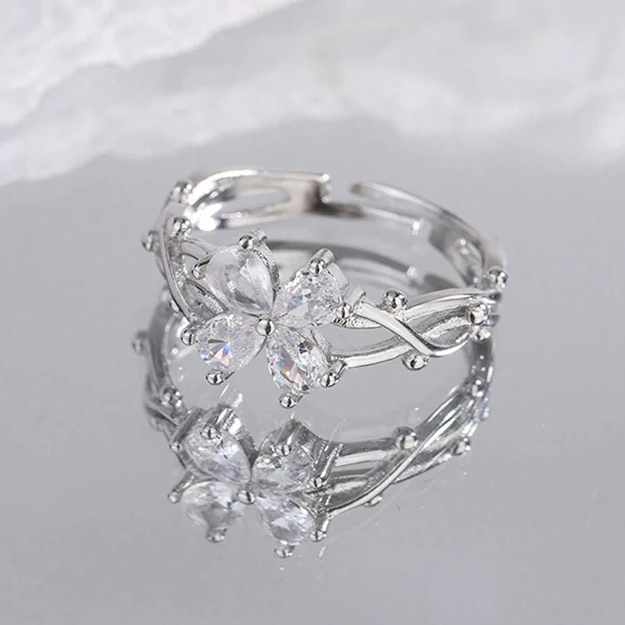Elegant Purple Four Leaf Clover Zirconia Open Ring