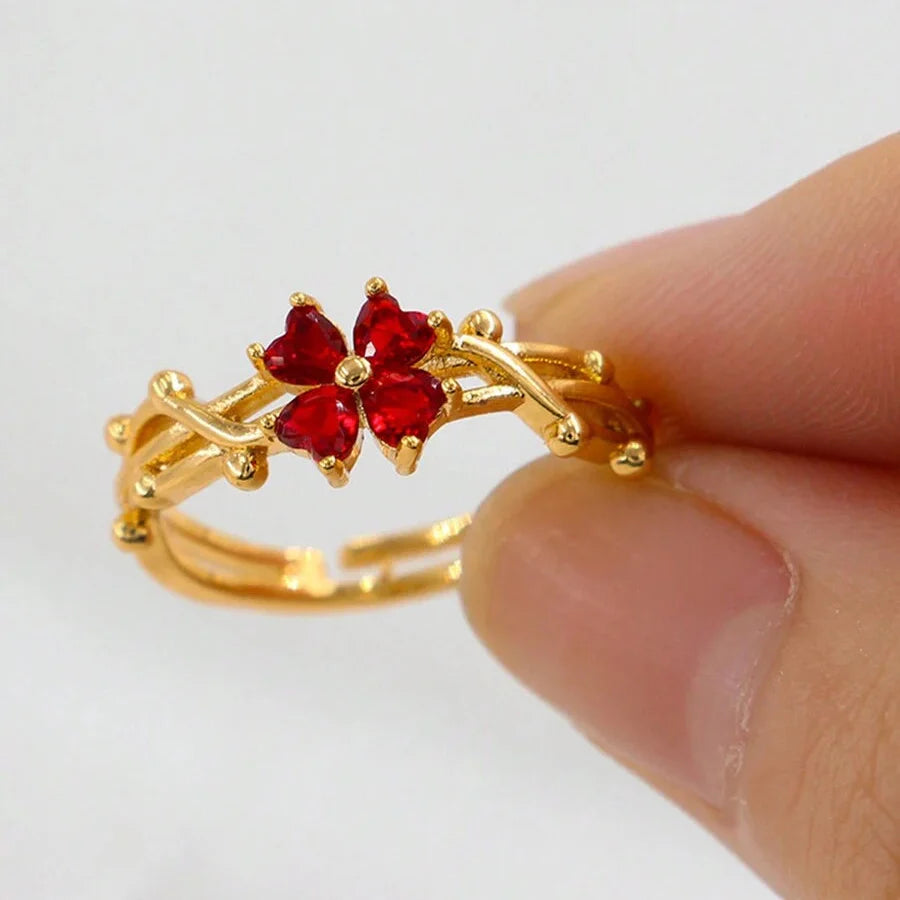 Elegant Purple Four Leaf Clover Zirconia Open Ring