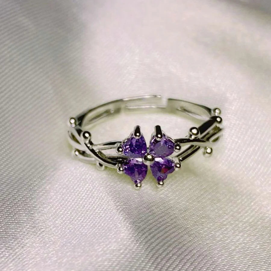 Elegant Purple Four Leaf Clover Zirconia Open Ring