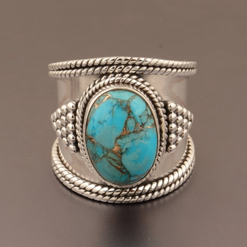 Bohemian Retro Style Wide Turquoise Silver Plated Ring