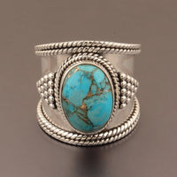 Bohemian Retro Style Wide Turquoise Silver Plated Ring