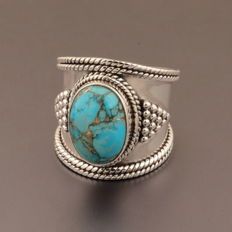 Bohemian Retro Style Wide Turquoise Silver Plated Ring