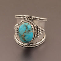 Bohemian Retro Style Wide Turquoise Silver Plated Ring