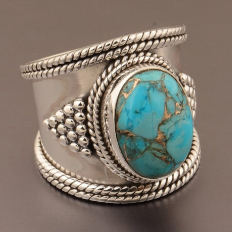 Bohemian Retro Style Wide Turquoise Silver Plated Ring