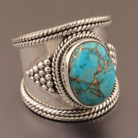 Bohemian Retro Style Wide Turquoise Silver Plated Ring