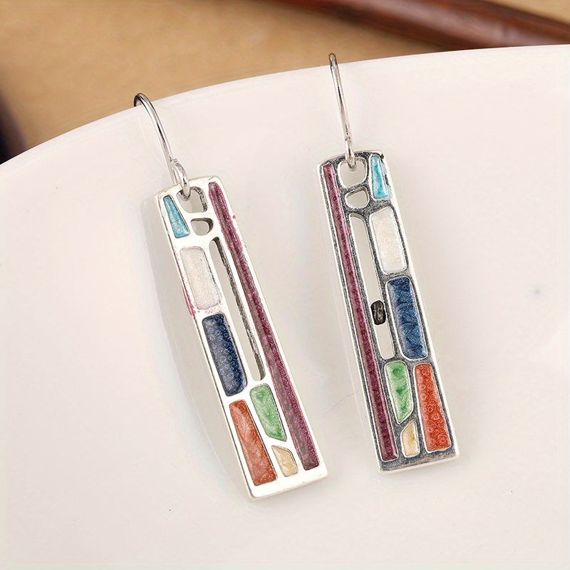 Vintage Silver Plated Geometric Colorful Dangle Earrings