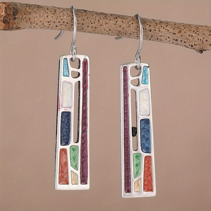 Vintage Silver Plated Geometric Colorful Dangle Earrings