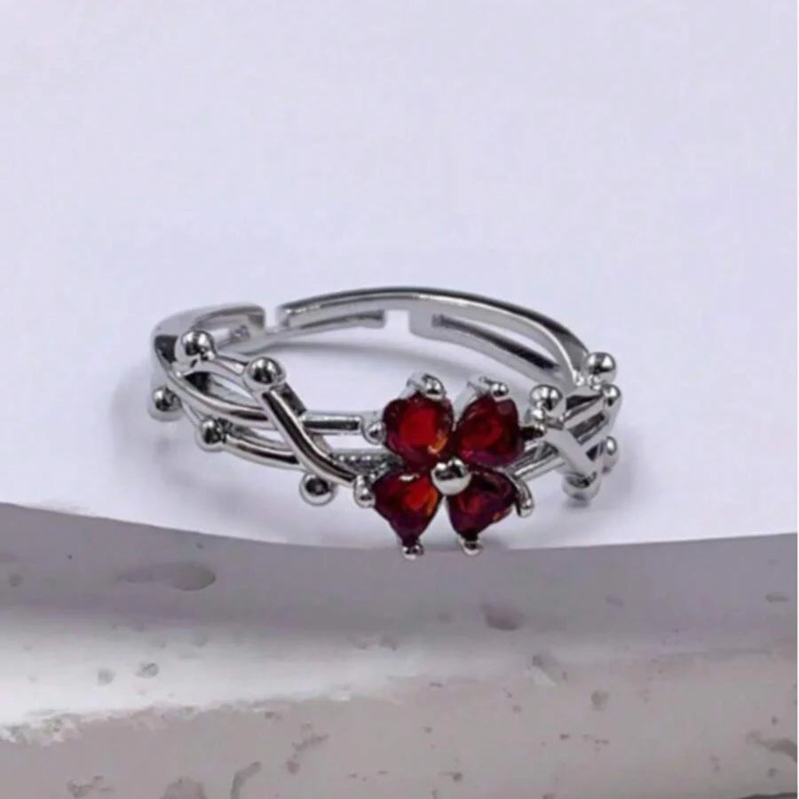 Elegant Purple Four Leaf Clover Zirconia Open Ring