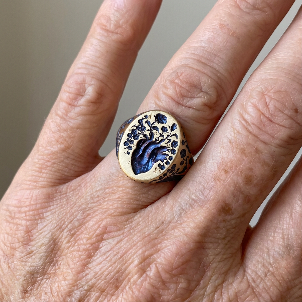Vintage Hand Engraved Blue Floral Gold Ring