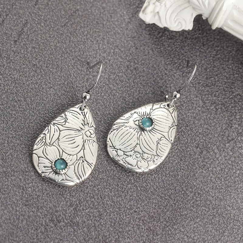 Retro Carved Flowers Drop Shape Turquoise Gemstone Hook Earrings