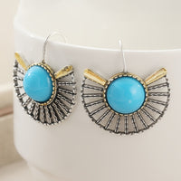 Bohemian Turquoise Gold Plated Fan Shape Hollow Hook Earrings
