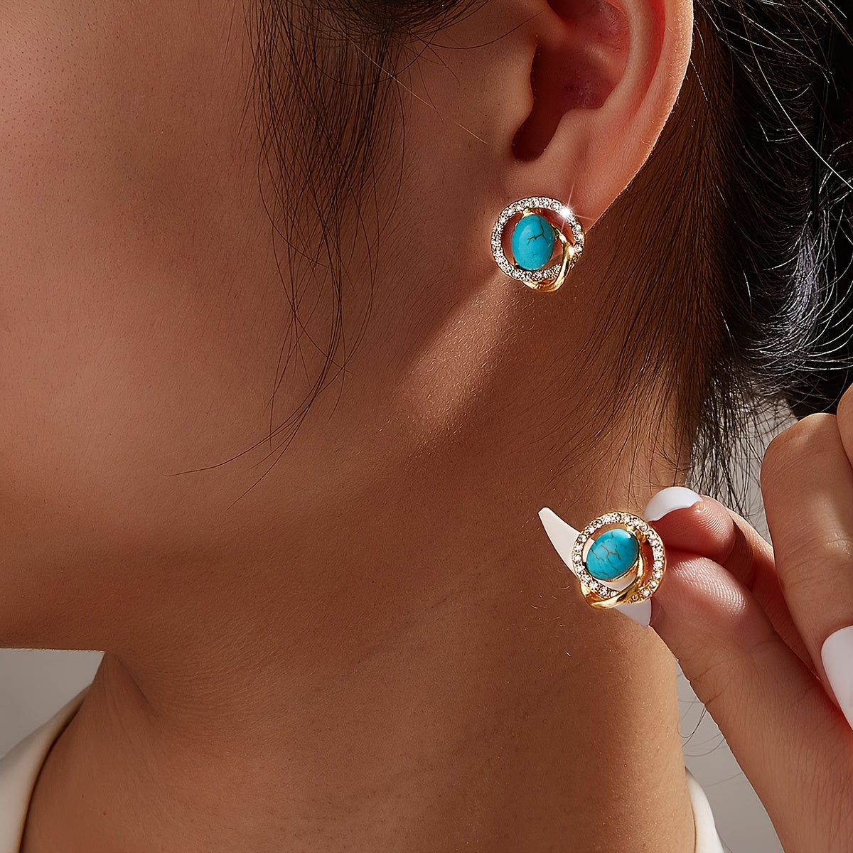 Vintage Bohemian Twist Turquoise & Rhinestone Stud Earrings