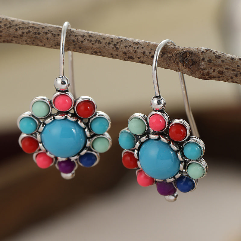 Colorful Turquoise & Coral Floral Dangle Earrings