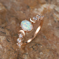 Elegant Rainbow White Fire Opal Small Moon Gold Plated Rings
