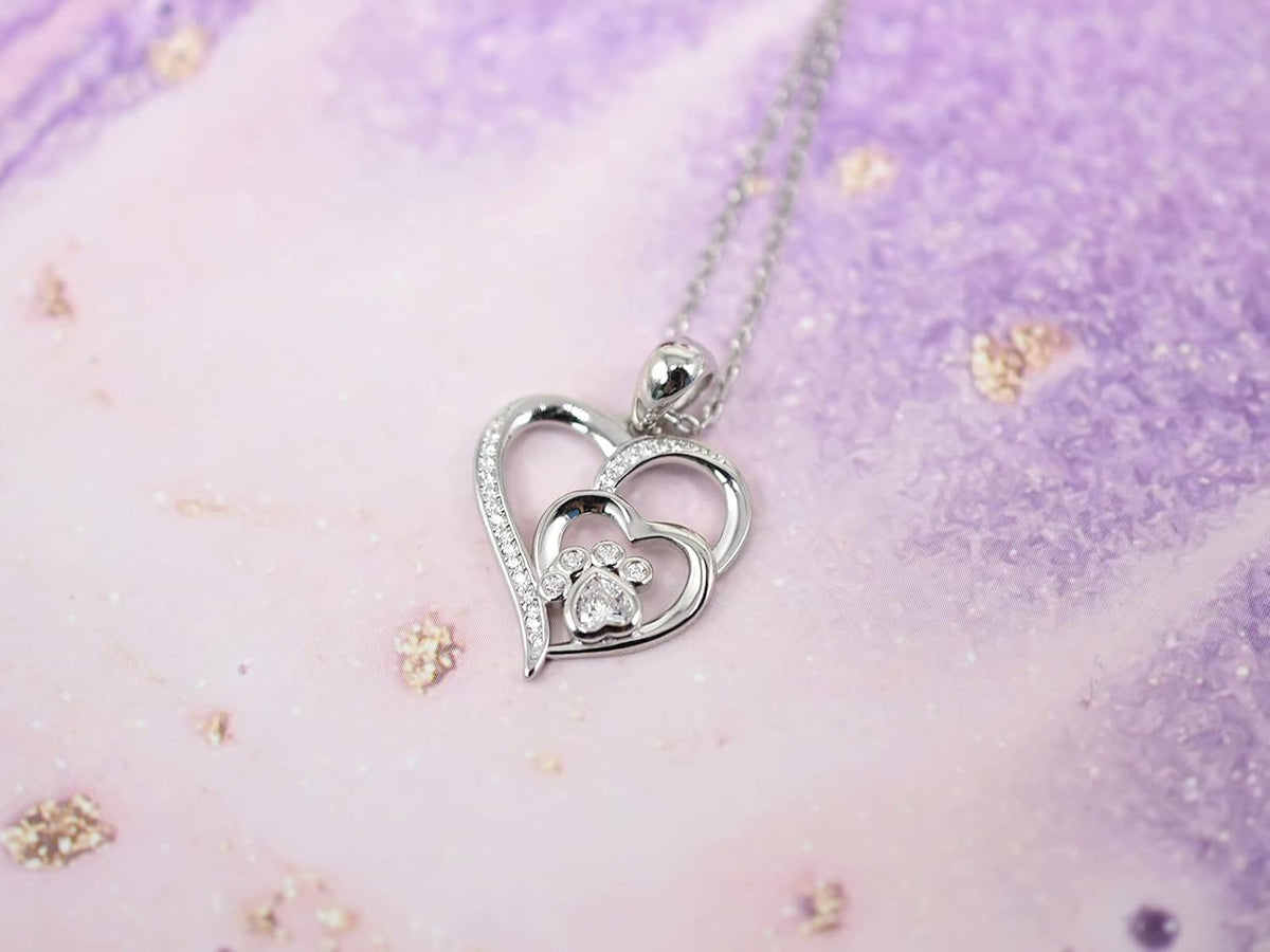 Sterling silver necklace with paw and heart with cubic zirconia