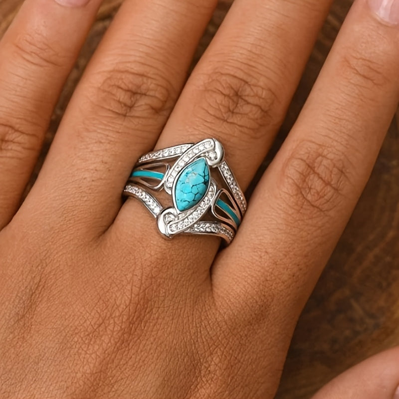 Elegant Bohemian White Gold Plated Turquoise Ring