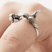 Vintage Adjustable Silver Plated Hummingbird & Flower Open Ring