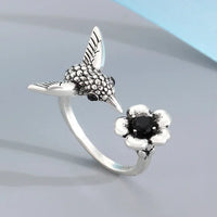 Vintage Adjustable Silver Plated Hummingbird & Flower Open Ring