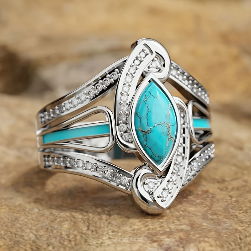 Elegant Bohemian White Gold Plated Turquoise Ring