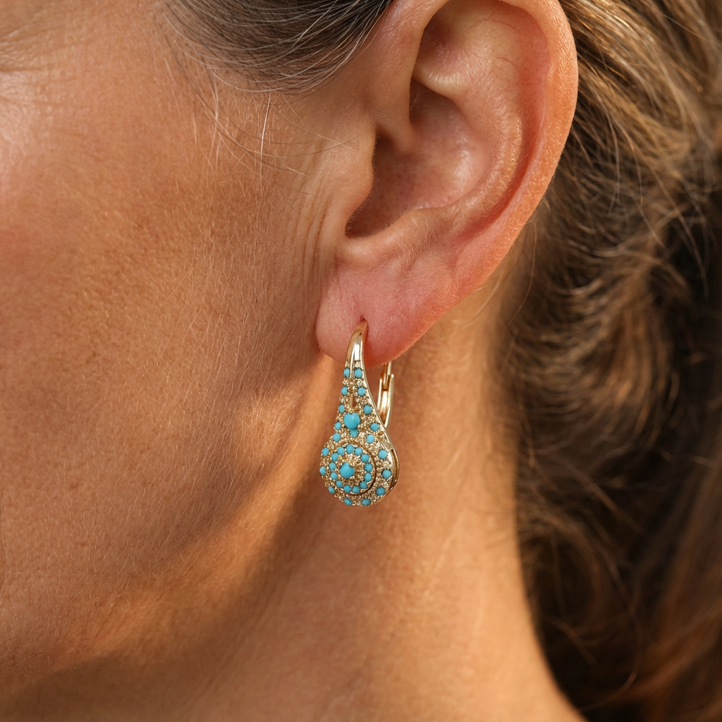 Turquoise Mosaic Teardrop Gold Earrings