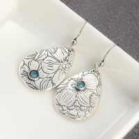 Retro Carved Flowers Drop Shape Turquoise Gemstone Hook Earrings