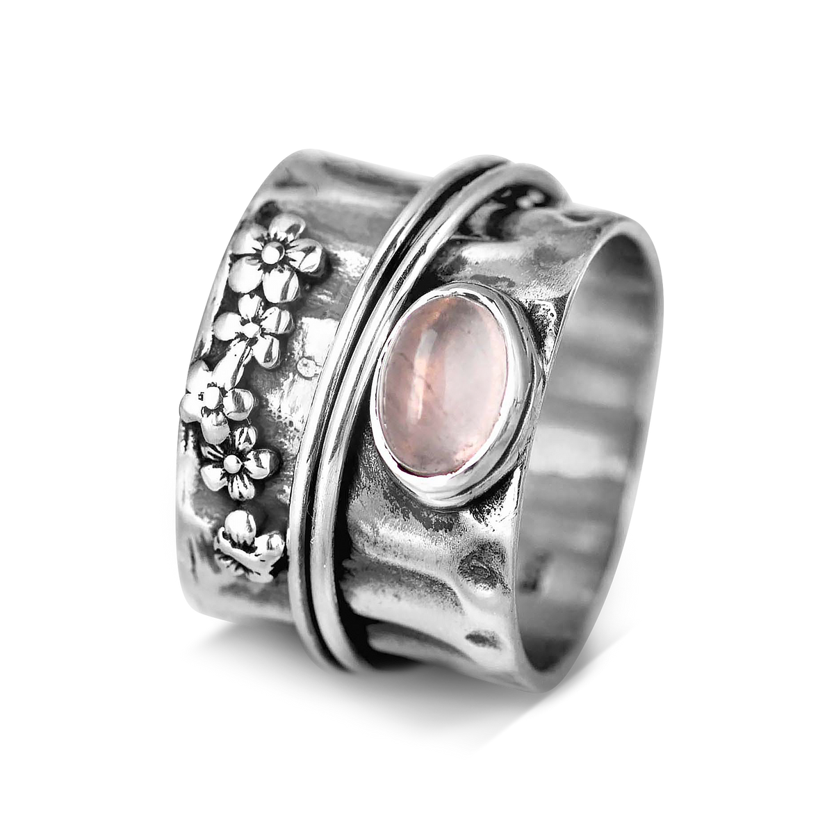 Elegant Rose Quartz Flowers and Butterfly Spinner Ring