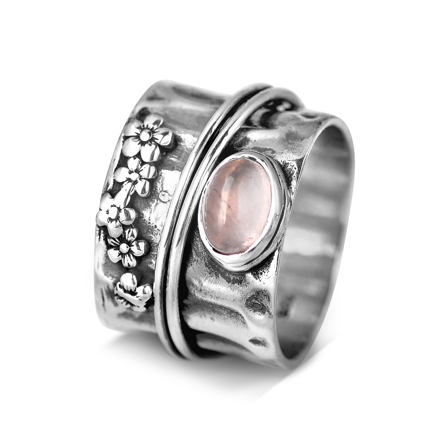 Elegant Rose Quartz Flowers and Butterfly Spinner Ring