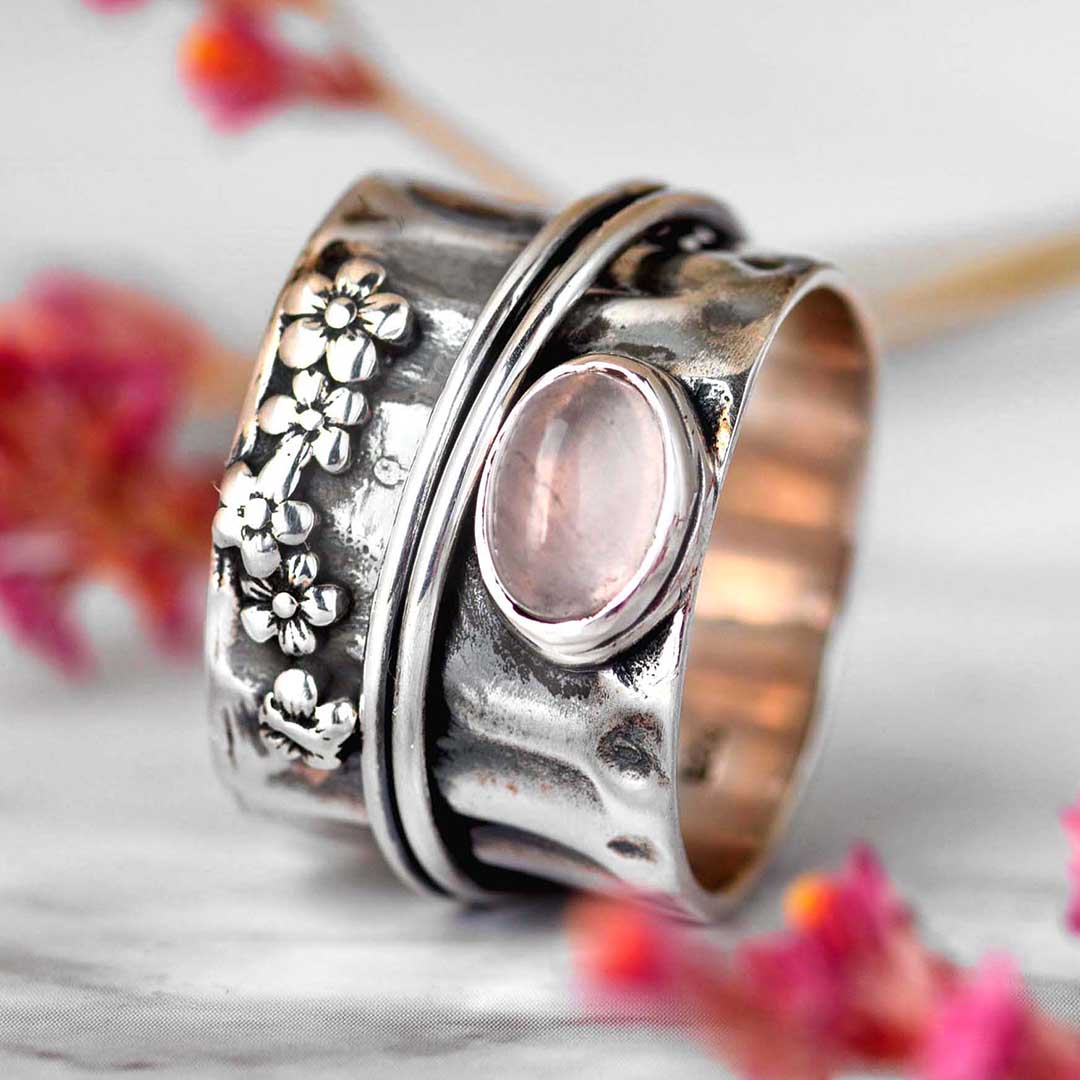 Elegant Rose Quartz Flowers and Butterfly Spinner Ring
