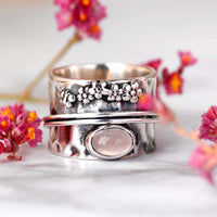 Elegant Rose Quartz Flowers and Butterfly Spinner Ring