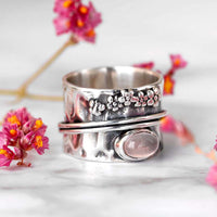 Elegant Rose Quartz Flowers and Butterfly Spinner Ring
