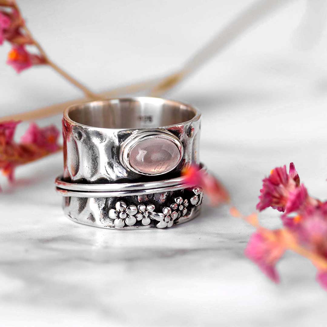 Elegant Rose Quartz Flowers and Butterfly Spinner Ring