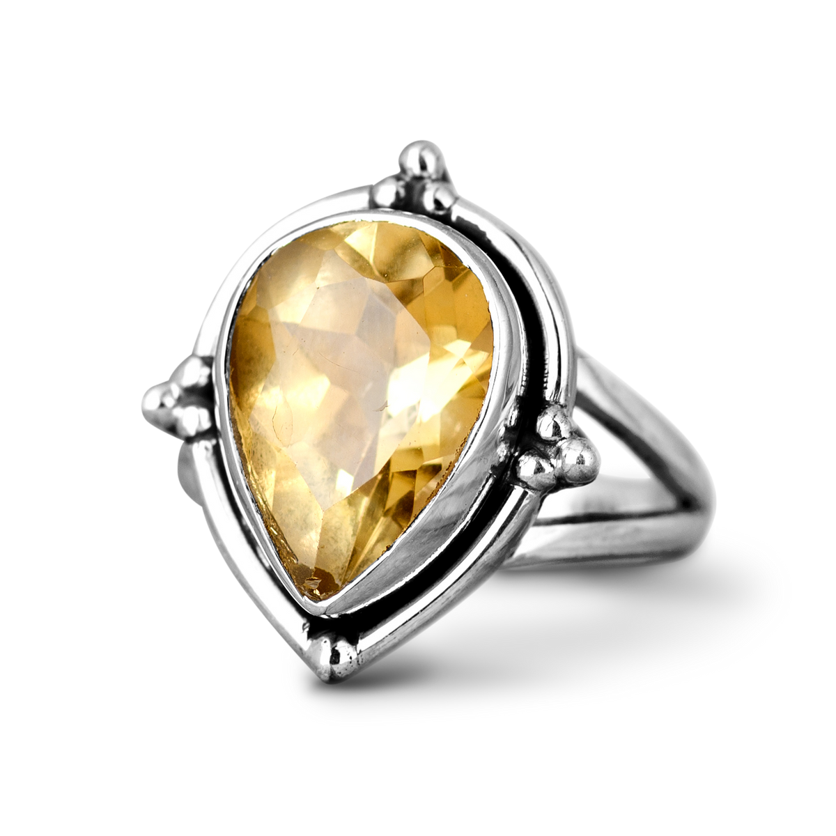Elegant Pear Shaped Citrine Teardrop Silver Ring