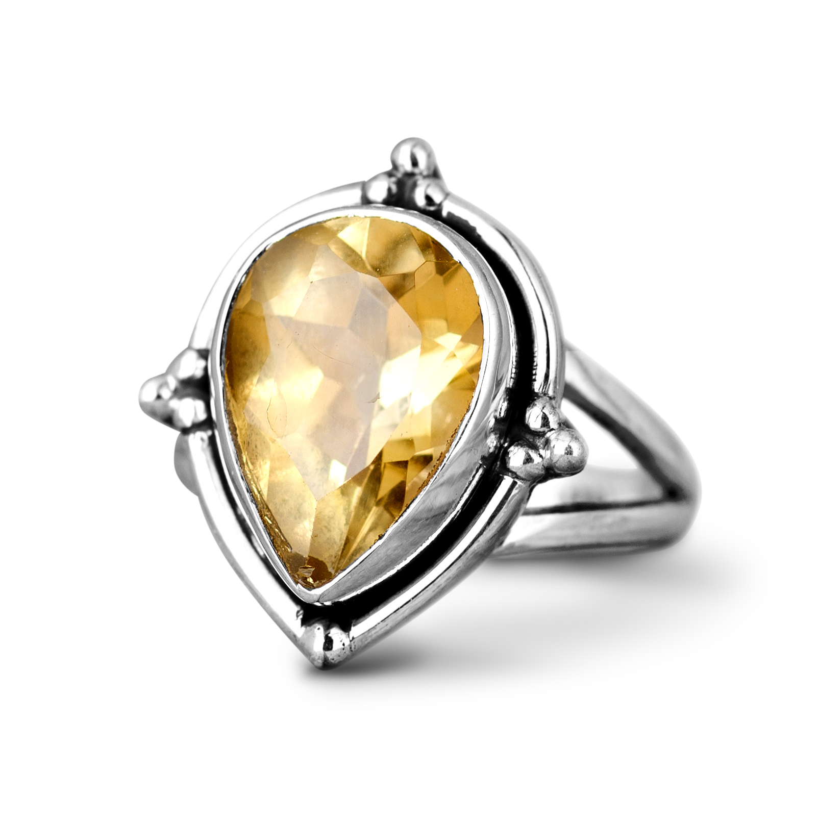 Elegant Pear Shaped Citrine Teardrop Silver Ring