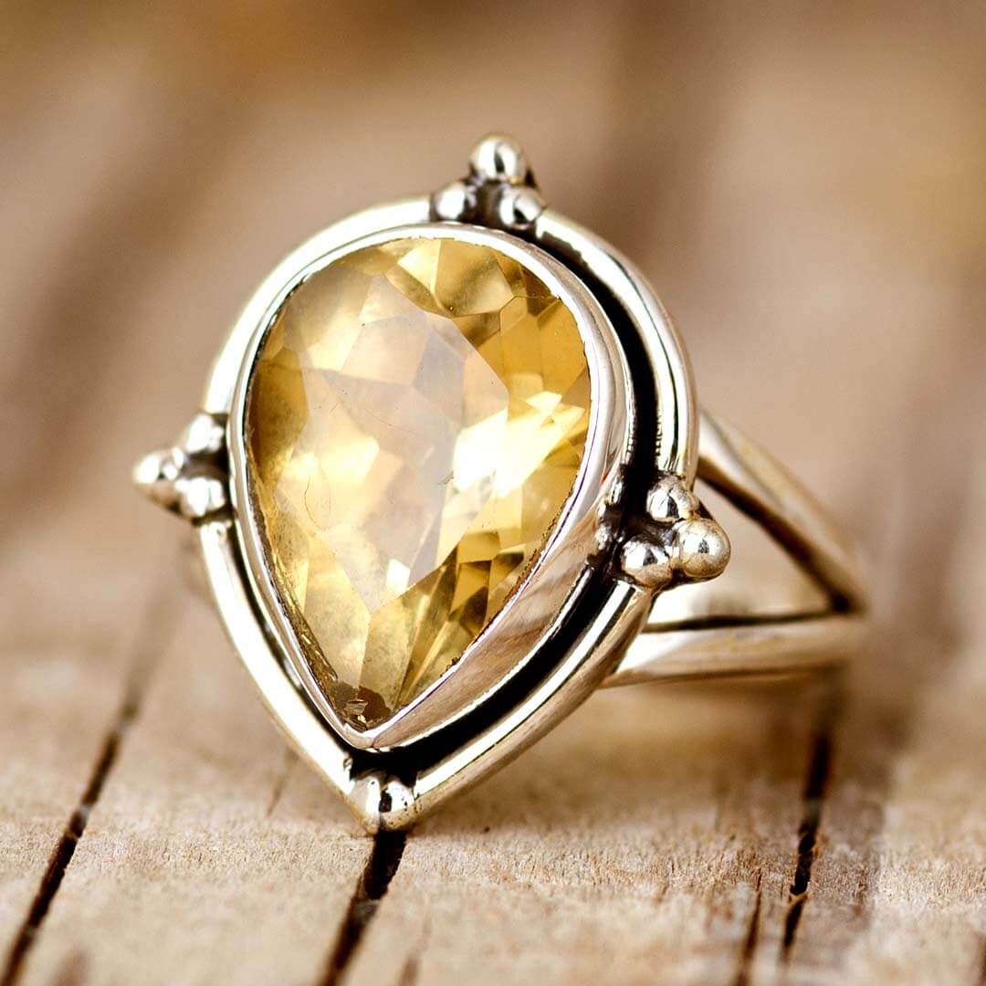 Elegant Pear Shaped Citrine Teardrop Silver Ring