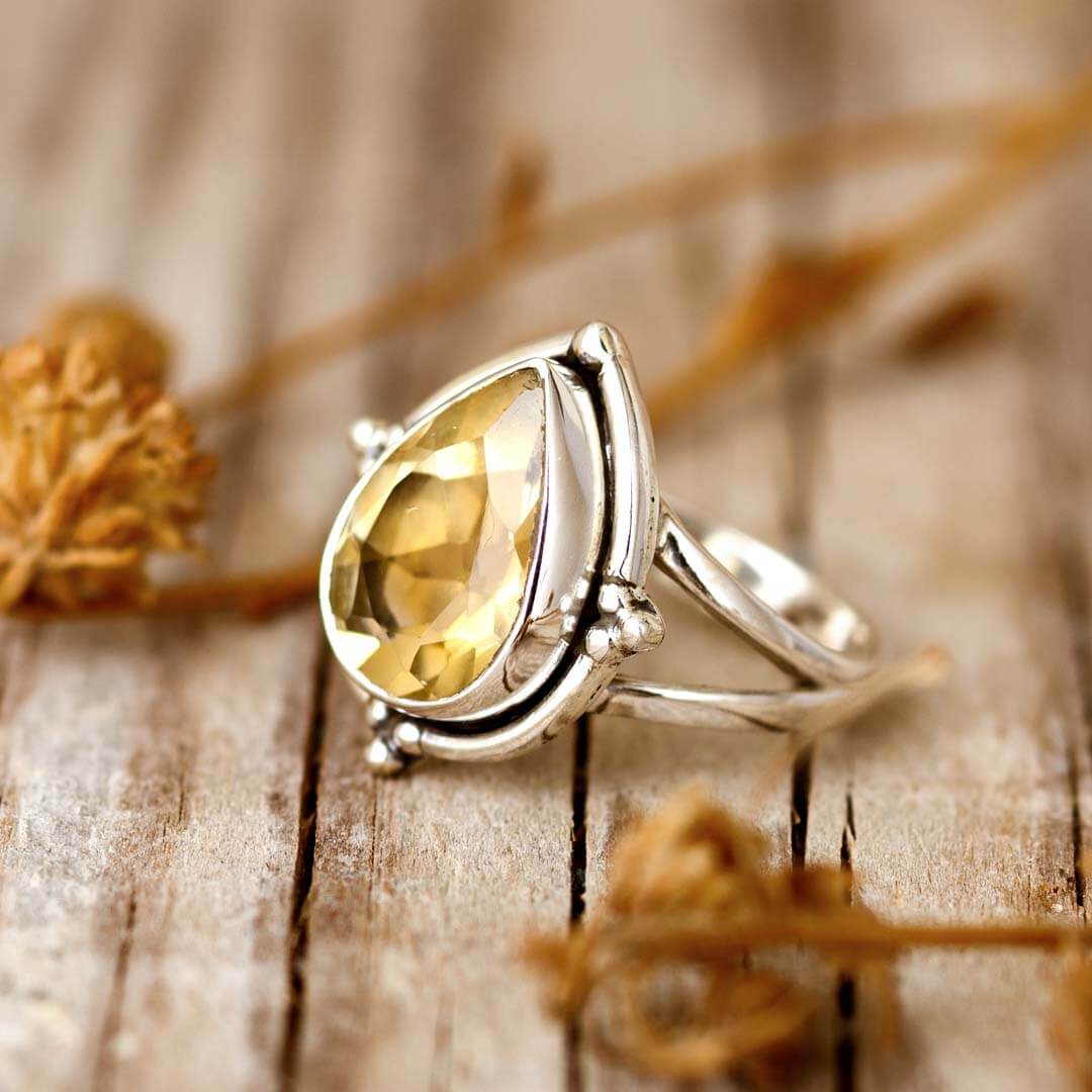 Elegant Pear Shaped Citrine Teardrop Silver Ring