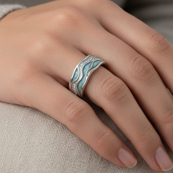Elegant Turquoise Silver Waves Ring