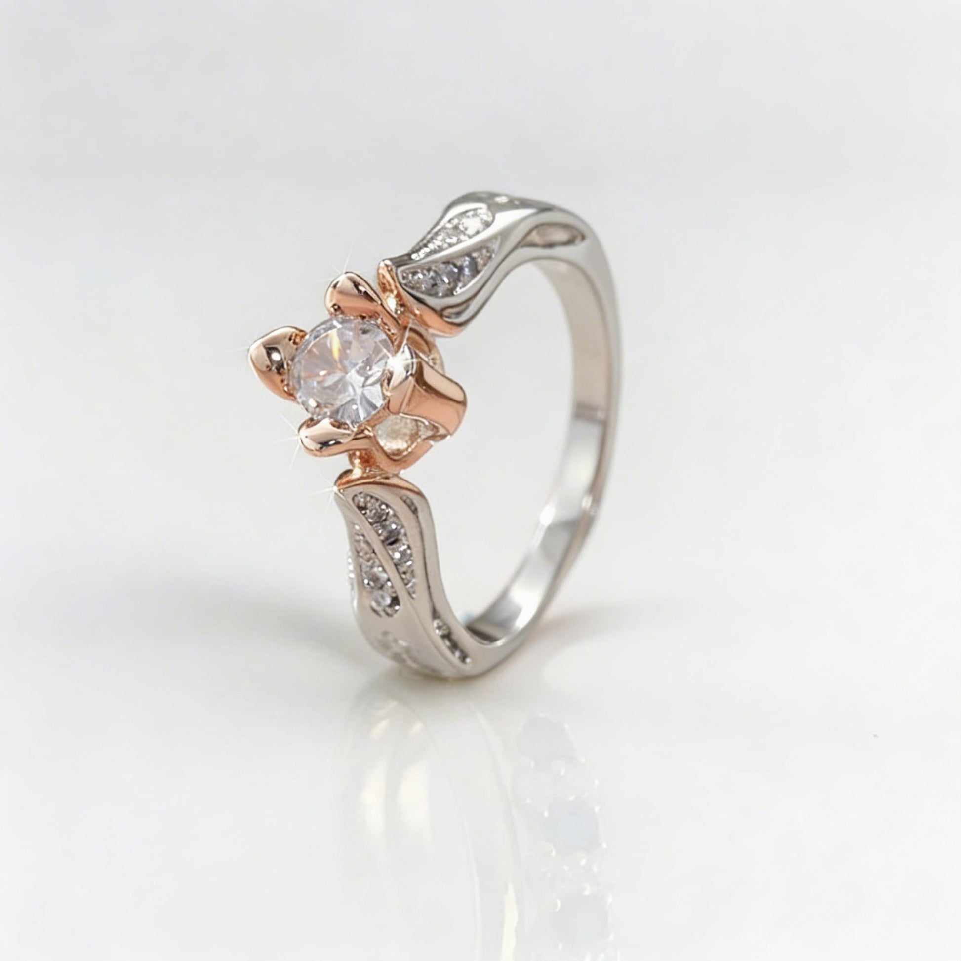 Elegant Silver Plated Zirconia Inlaid Two Tone Rose Flower Ring