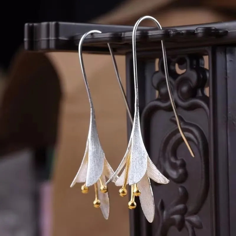 Modern Brushed Silver Petal Dangle Earrings