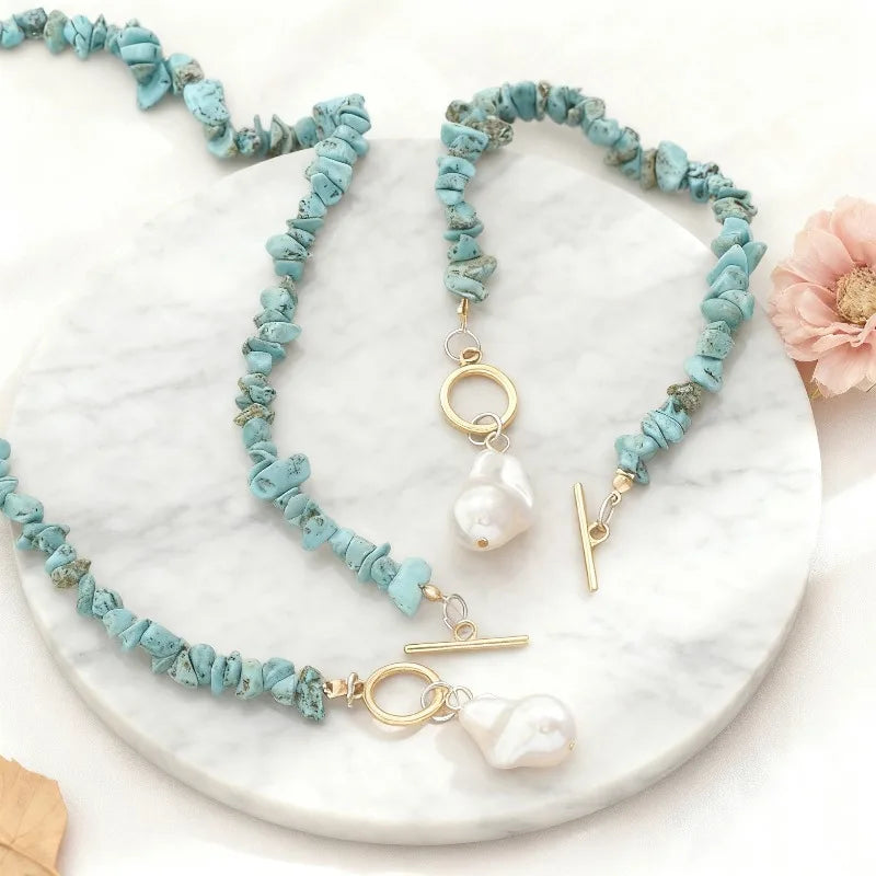 Turquoise Chip & Baroque Pearl Toggle Necklace