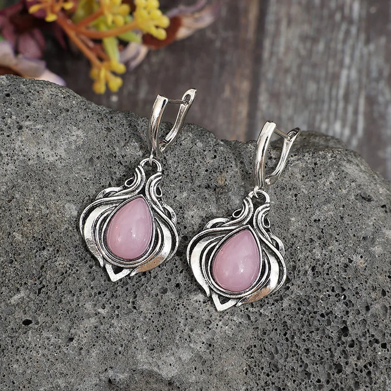 Vintage Victorian Style Water Droplet Inlaid with Pink Stones Earrings