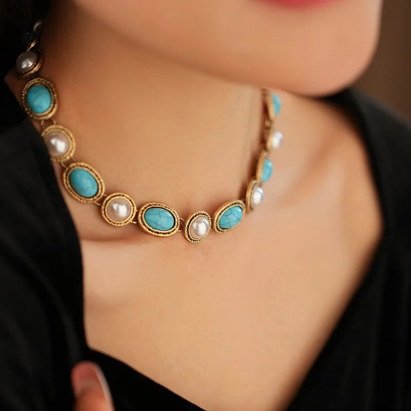 Turquoise & Pearl Antique Gold Statement Set