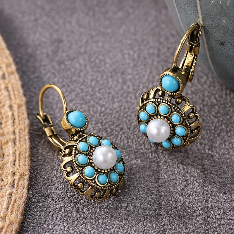 Vintage Turquoise & Pearl Medallion Earrings