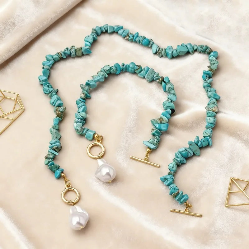 Turquoise Chip & Baroque Pearl Toggle Necklace