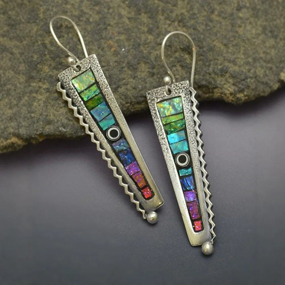 Vintage Silver Opal Inlay Geometric Drop Earrings