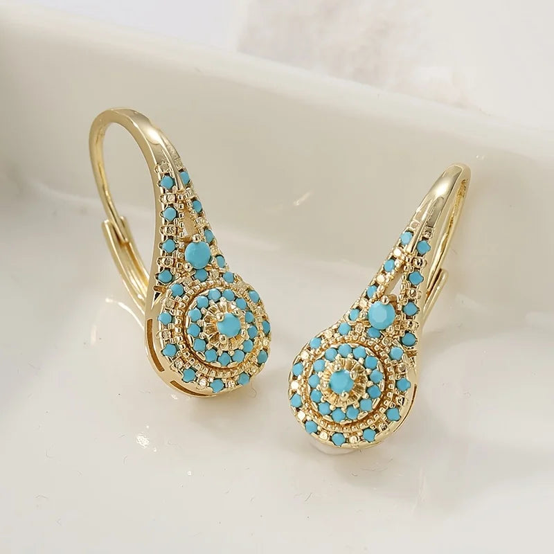 Turquoise Mosaic Teardrop Gold Earrings