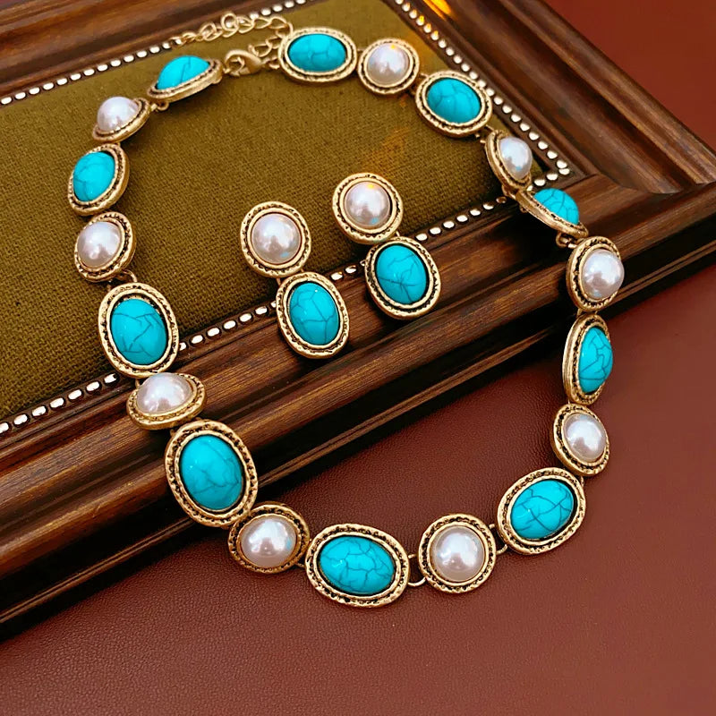 Turquoise & Pearl Antique Gold Statement Set